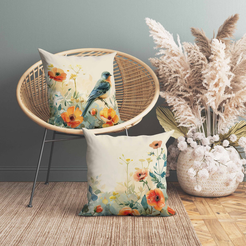 Oreiller en suède Tranquil Thicket, Carré 20 po, Vert / Beige / Orange