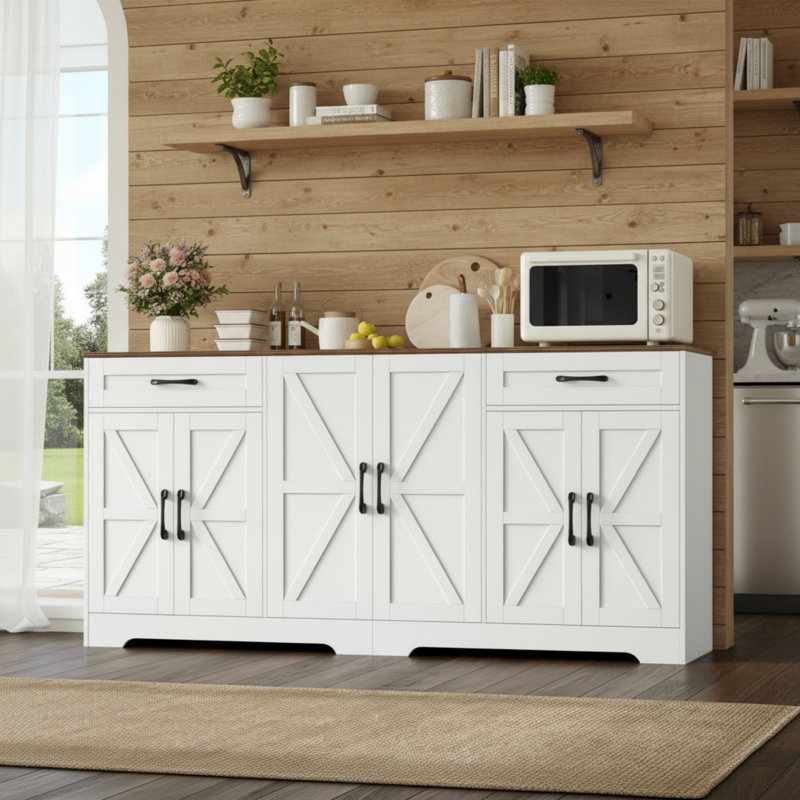 White Six-Door Farmhouse-Style Sideboard With Two Adjustable Shelves.