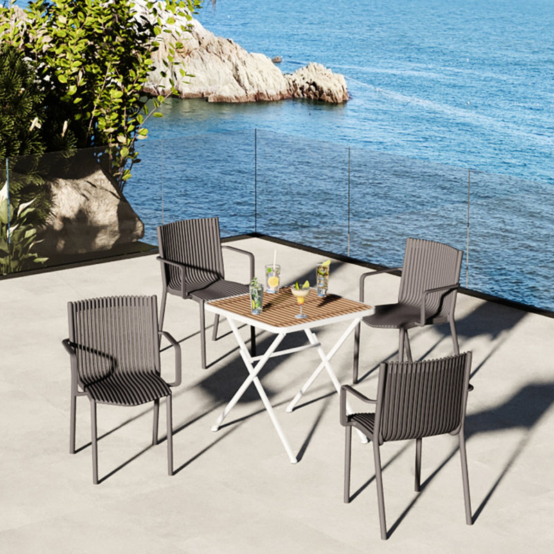 4Pcs Warm Grey Stackable Pp Armchair For Indoor/Outdoor With Square Table, Metal Legs (White, Khaki), All - Weather, , , Ergonomic Design, Zero Maintenance, Ready To Use Ergonomic, No Assembly