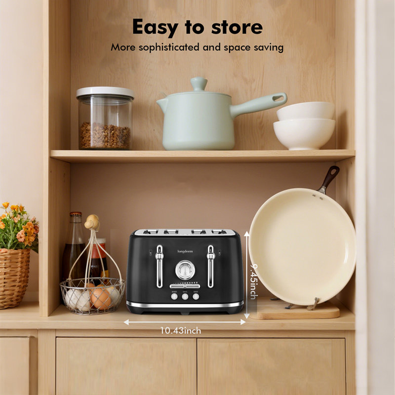 Longdeem 4-slice Toaster, 1500w, Wide Slots, Stainless Steel, 6 Settings, Black