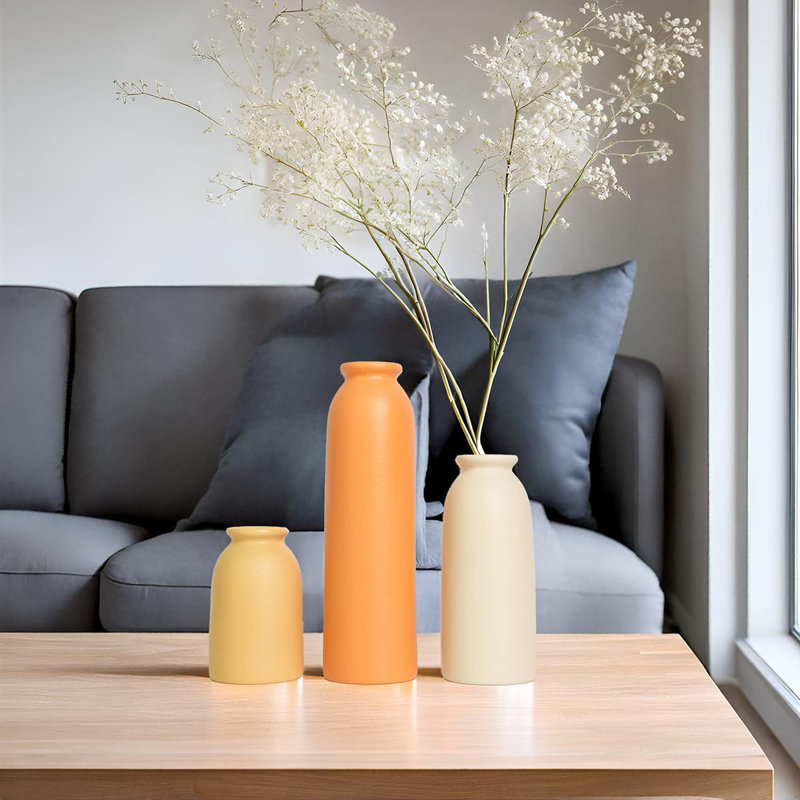 10.4 Inches Tall Decorative Ceramic Vase Set, 3 Pieces, Nordic Modern Boho Style, For Home Decor, Yellow/Orange