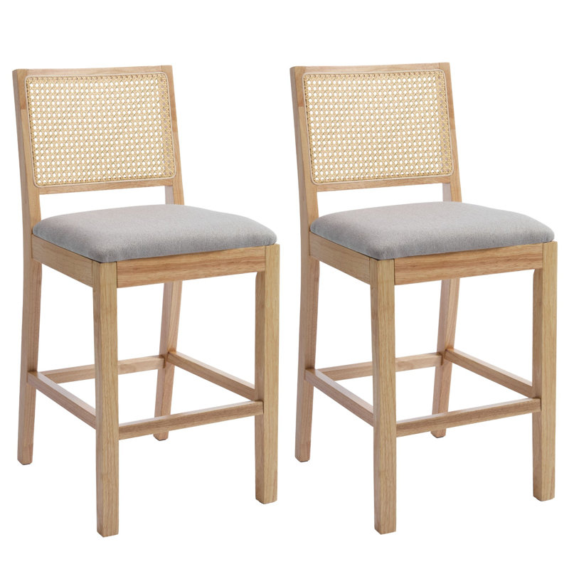 26'' Modern Counter Stools With Rattan Backrest And Wood Frame, Gray, Beige