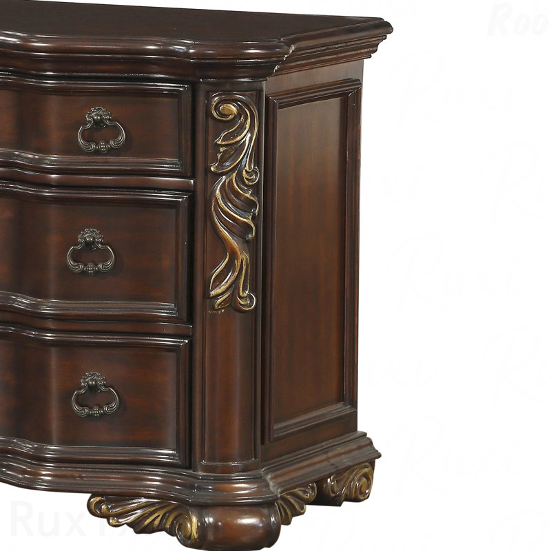 Cherry Finish 3-Drawer Nightstand, Royal Bedroom Traditional Home Furniture with Ring Pulls