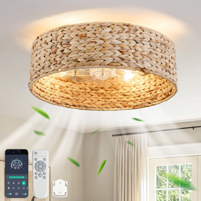 Ventilateur de plafond encastré 19,7 pouces avec lumière, abat-jour en rotin naturel tissé, pales en ABS, moteur silencieux réversible à 6 vitesses avec télécommande pour le salon de la chambre Boho