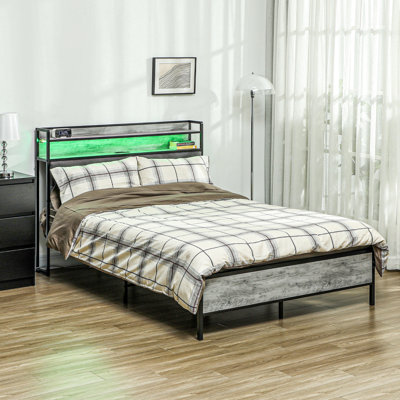 Cement Gray Bed - Full Size With Upholstered Headboard, Led Lights, Charging Station, Noise- Assembly, Easy Installation, No Box Spring Frame Storage Headboard & Lights Platform, Noise-, Assembly
