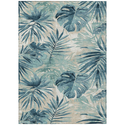 Machine Washable Indoor/Outdoor Xhevrie Teal Rug