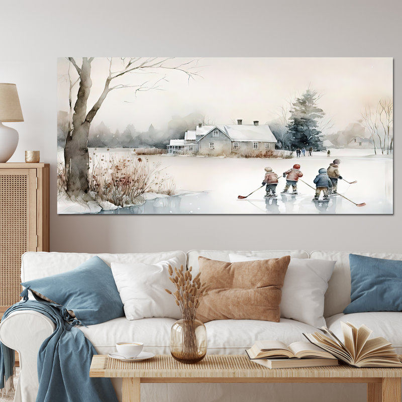Enfants jouant au hockey en hiver II, Toile tendue, H 28 po x l 60 po x P 1,5 po