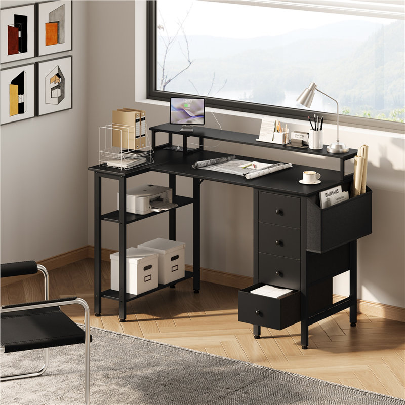 L-Shaped Computer Desk with Power Outlet, Black, 120cm L x 68cm W x 86.5cm H