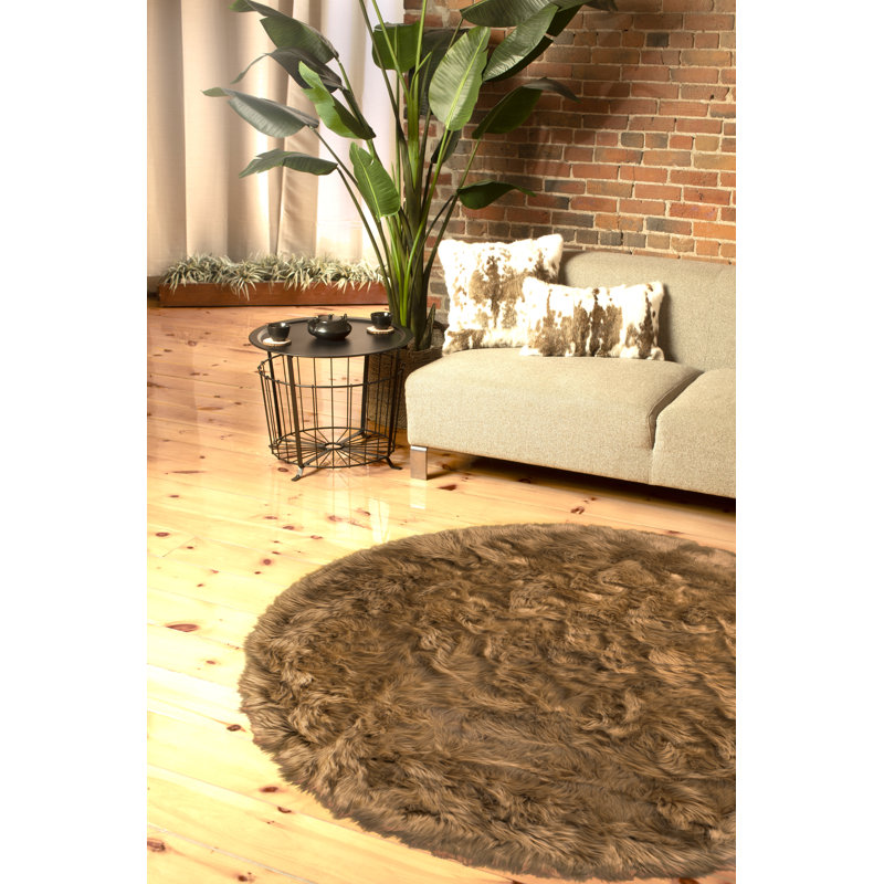 Oguz Tan Faux Sheepskin Fur Area Rug, Round 6' x 7'