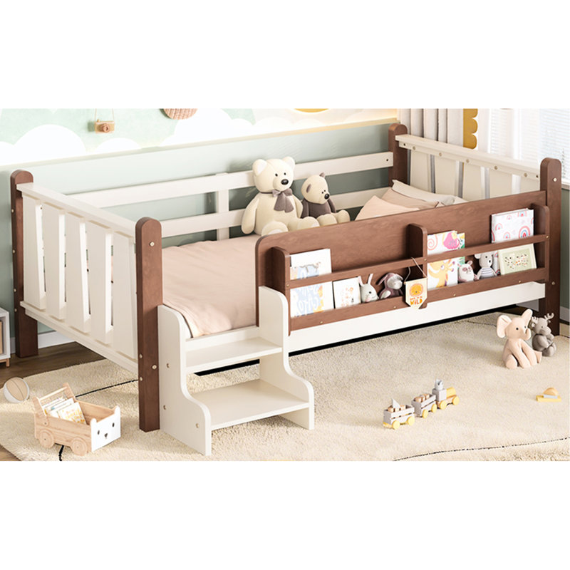 Lit simple en bois massif avec rangement, escalier et garde-corps, beige, solution de rangement en pin facile à monter, Twin