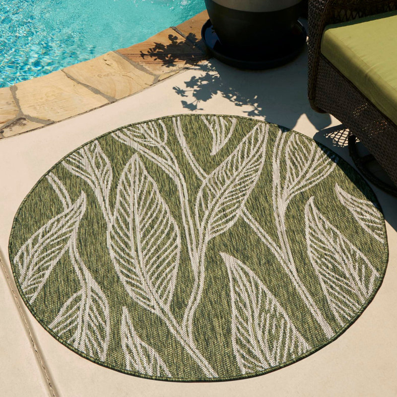 Tapis intérieur / extérieur à motif floral vert / gris Zenon, Rond 5 pi 3 po