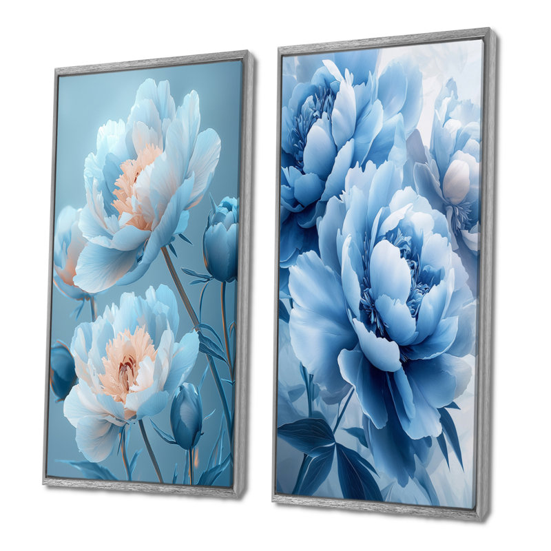 Fleurs de pivoines bleues I - Collection de 2 panneaux de toiles florales, H 40 po x l 41 po, Encadrement argenté