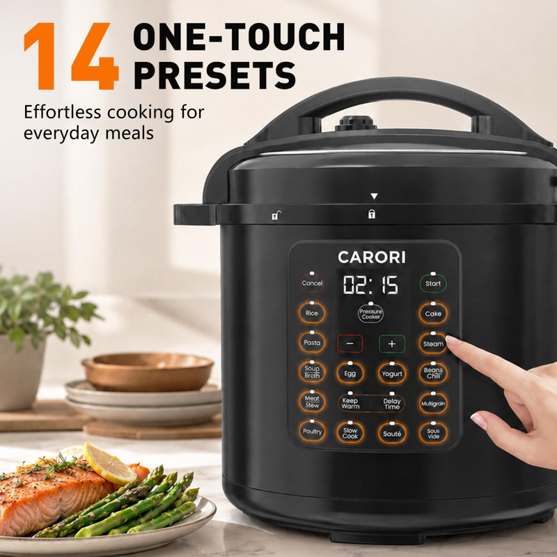 Autocuiseur électrique argenté de 8 pintes, multicuiseur 12 en 1, cuve en acier inoxydable, système de ventilation sécurisé et livre de recettes inclus.
