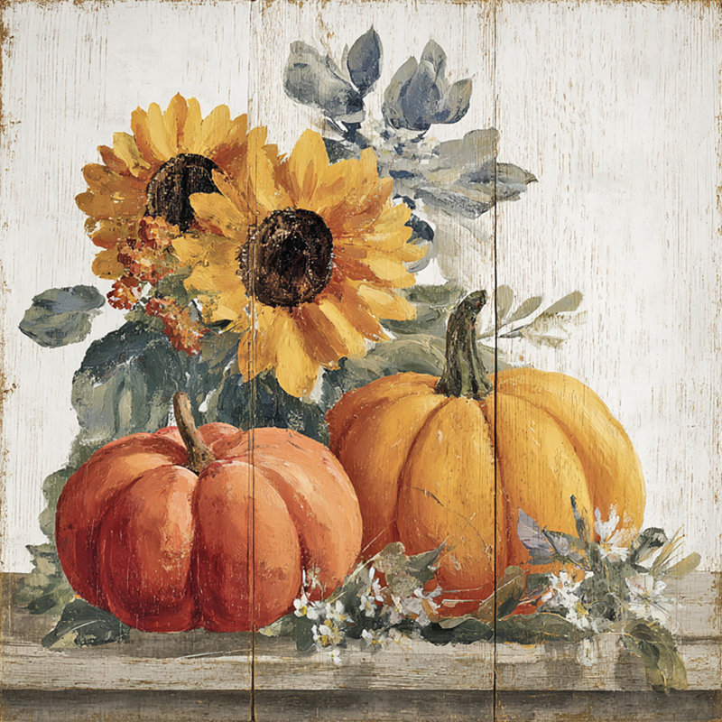 Tournesols et citrouilles, art mural sur toile, H 20 po x l 20 po