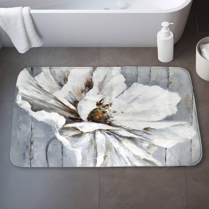 Flower on wood Bath Mat with Non-Slip Backing - Quick Dry Memory Foam Bathroom Rug - Absorbent - Modern Plush Spa-Style - Machine Washable