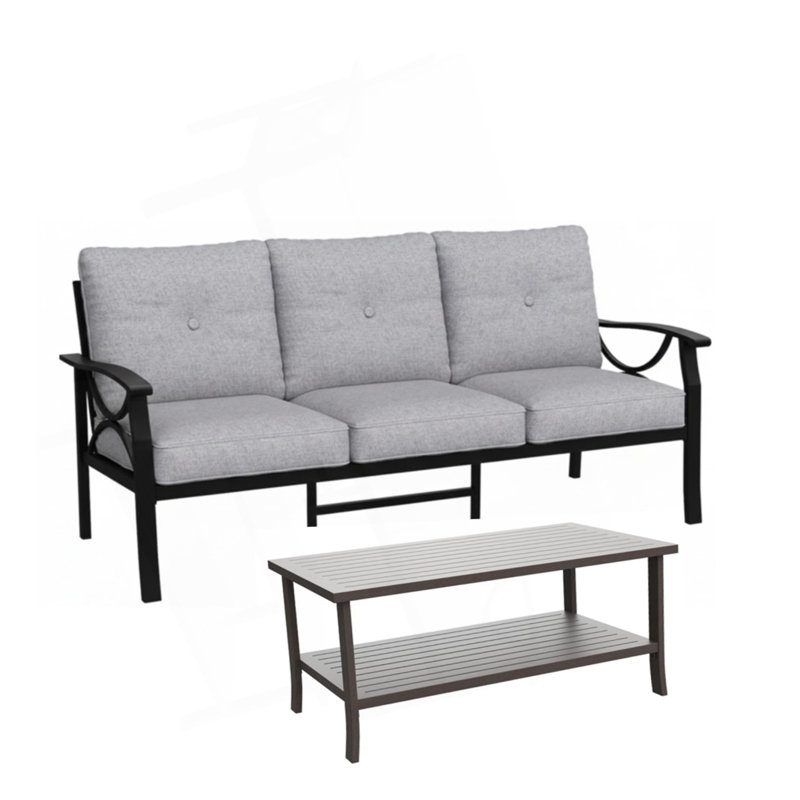 2 Piece Outdoor Patio Set, 70” All-Weather Metal 3-Seat Metal Patio Sofa And Rectangular Coffee Table , Black Frame With Gray Cushions