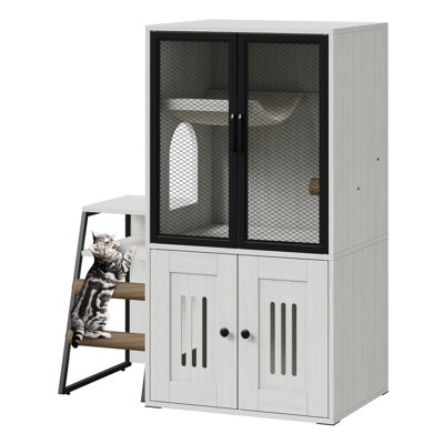 Meuble de litière moderne à 2 niveaux pour chat avec échelle, armoire de rangement cachée, hamac, porte grillagée en métal, à l'épreuve des chiens, salle de bain spacieuse pour chats pour grands chats - blanc