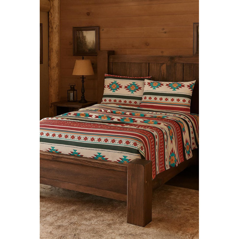 Microfiber Multicolor Southwestern Tribal Aztec Sheet Set, King Sheet Set with 2 Pillowcases, Cream/Red/Blue