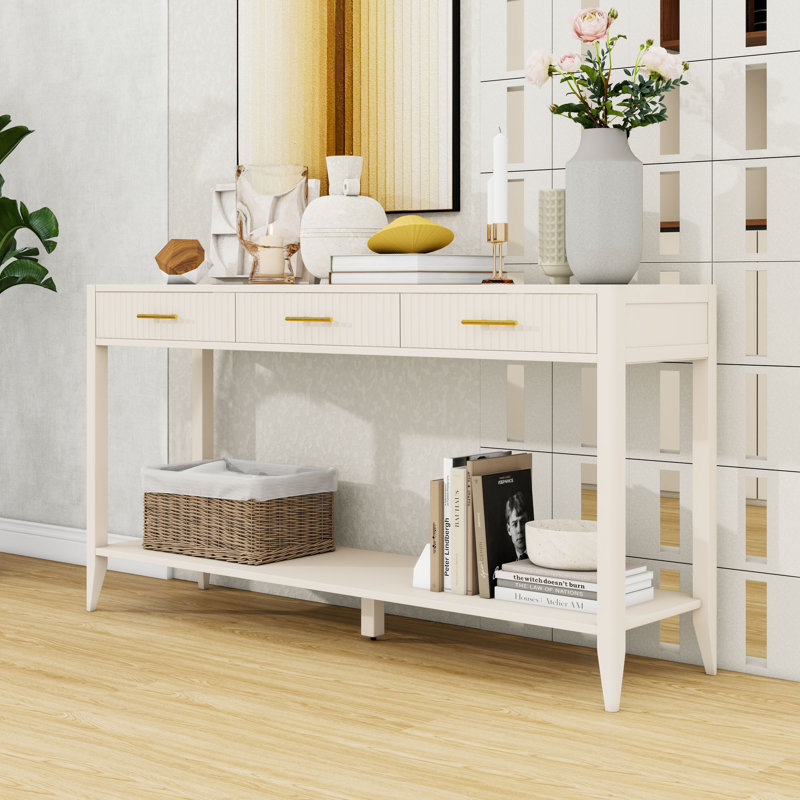 Console en bois avec 3 tiroirs et tablette de rangement, Beige