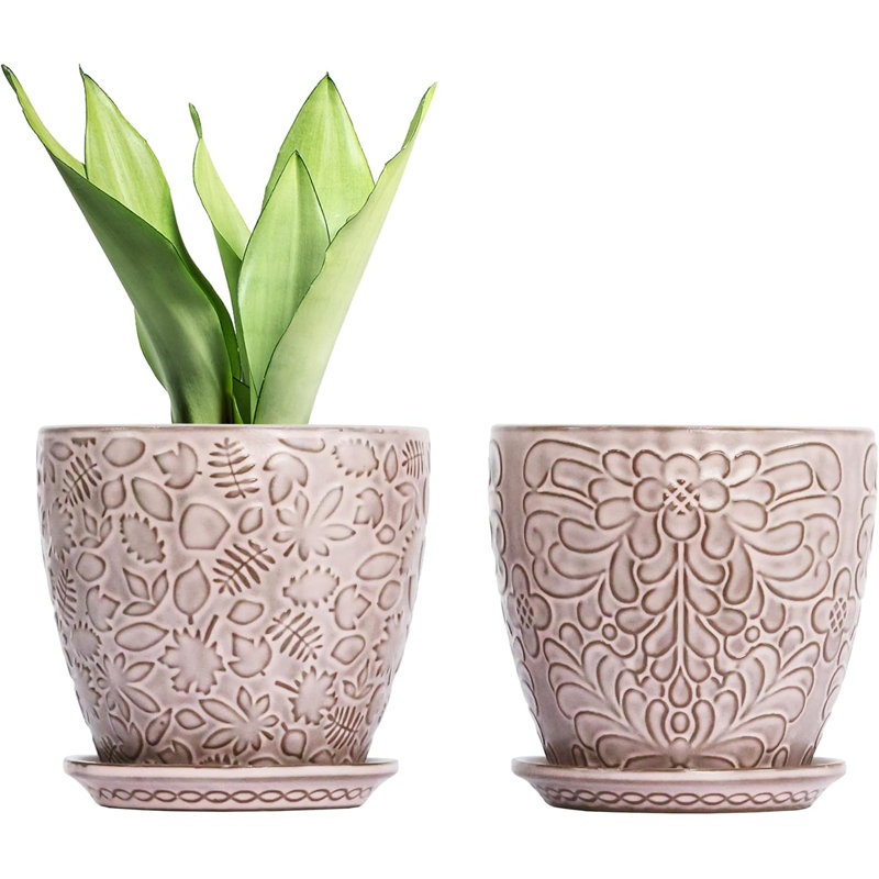 Set Of 2 Retro 6" Ceramic Planters With Drainage & Saucers