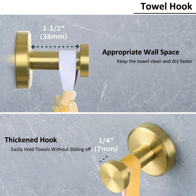 3 - Piece Bathroom Hardware Set Towel Ring Set with Towel Hooks, Brushed Gold