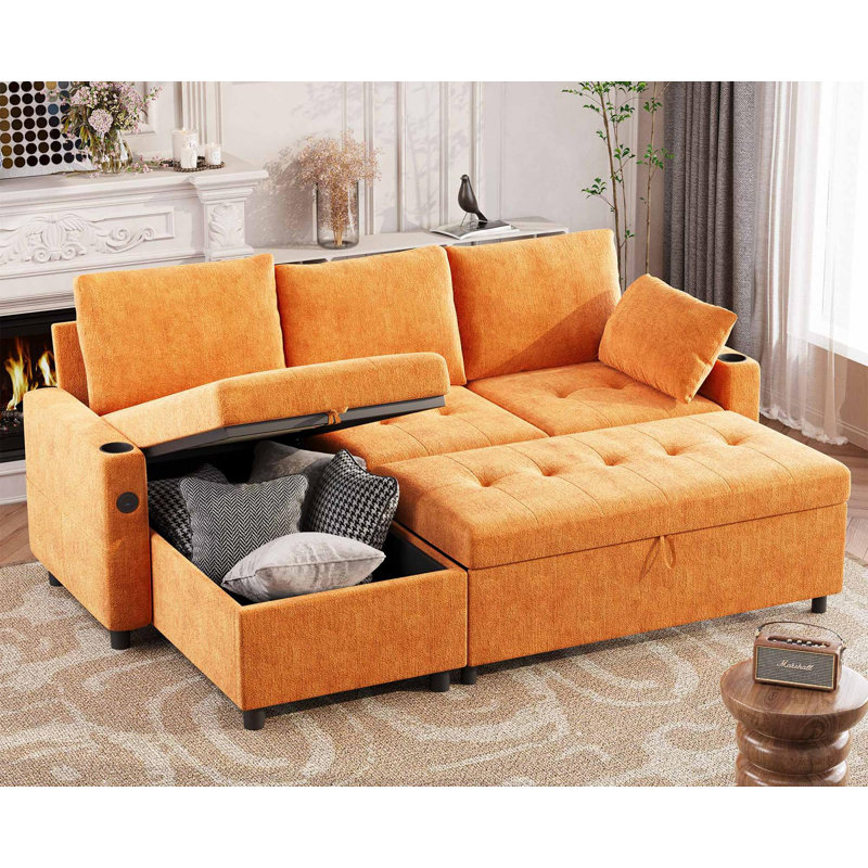 83.5''sleeper Sofa Couch With Pullout Bed, L-shaped Convertible Couches, Orange Chenille