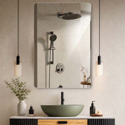 Miroir de salle de bain sans cadre, miroir de courtoisie rectangulaire arrondi avec verre argenté HD de 5 mm, fixation murale horizontale ou verticale, pellicule de protection à l'arrière