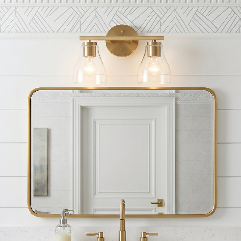 Lumière de meuble-lavabo à intensité variable, Laiton brossé, Deux lumières, 10" H x 15" W x 6.5" D