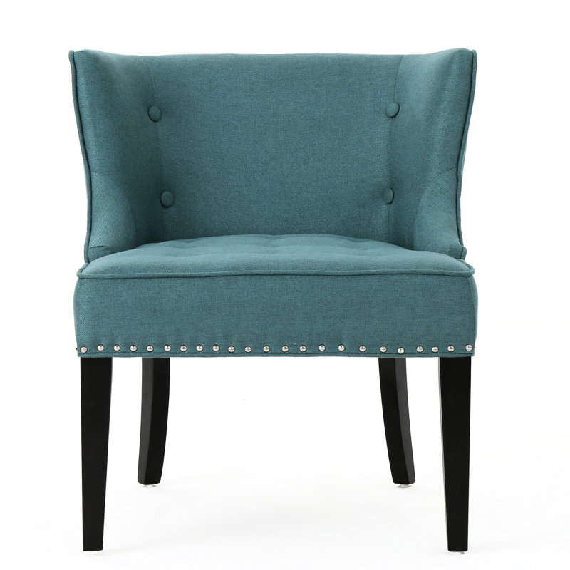 Chaise en tissu bleu sarcelle foncé avec des éléments de design moderne, des coutures gaufrées à boutons et des détails cloutés attrayants, l 27,68 po x P 27,94 po, H 31,38 po, attrait occasionnel, garniture charmante à boutons, l 28 po x P 28,5 po