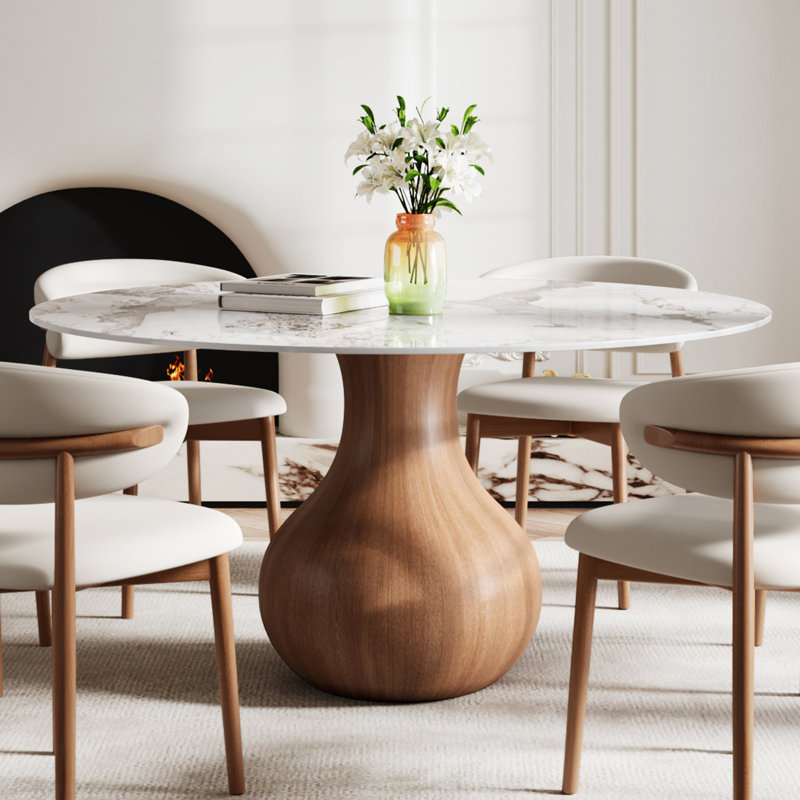 Mid-Century Modern Farmhouse Round Sintered Stone Pedestal Otelia For 4/6/8/10, H 29,5 po x L 47 po x l 47 po, Ambre