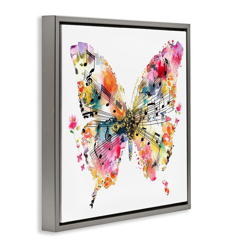  "Butterfly & Music Notes", art mural encadré flottant par LSR Design Studio, Cadre flottant gris lustré, H 18 po x l 18 po