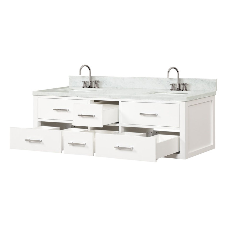 Meuble-lavabo double 60 po bleu X P 22 po D, dessus en marbre de Carrare et ensemble de robinet, Bleu