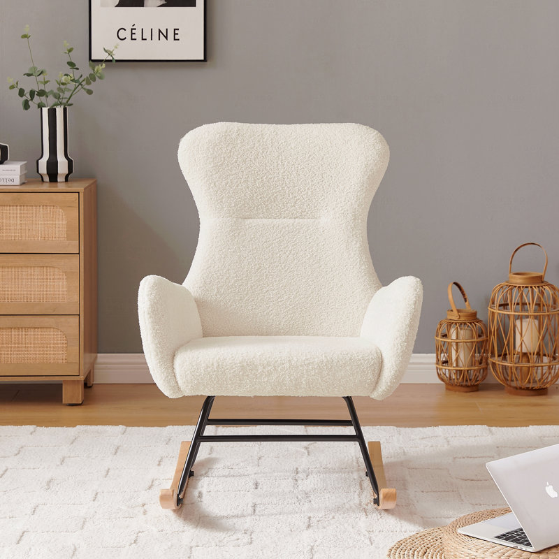 Chaise berçante en tissu blanc cassé Teddy