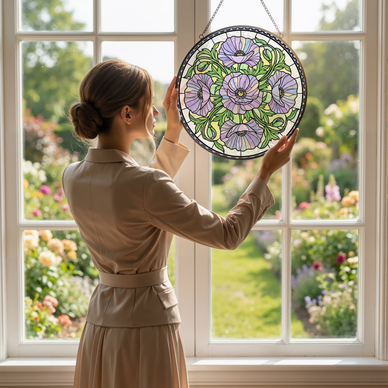 Panneau de vitrail 12 "H Fleurs mauves, H 12 po x l 12 po
