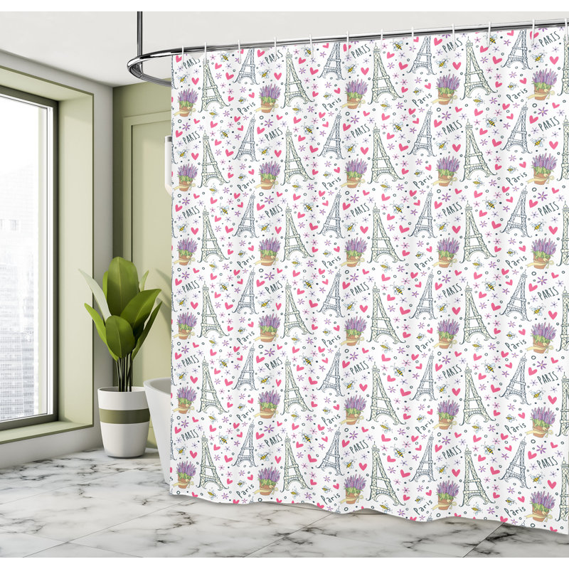 Dakota Fields Eiffel Tower Shower Curtain Romantic Doodle Items Pink Multicolor, 84"H x 69"W