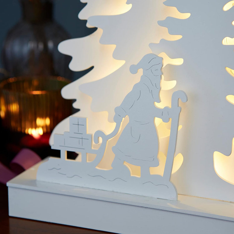 Pre-Lit Tree Santa Scene - 43cm Wooden White Christmas Forest Scene with LED Lights