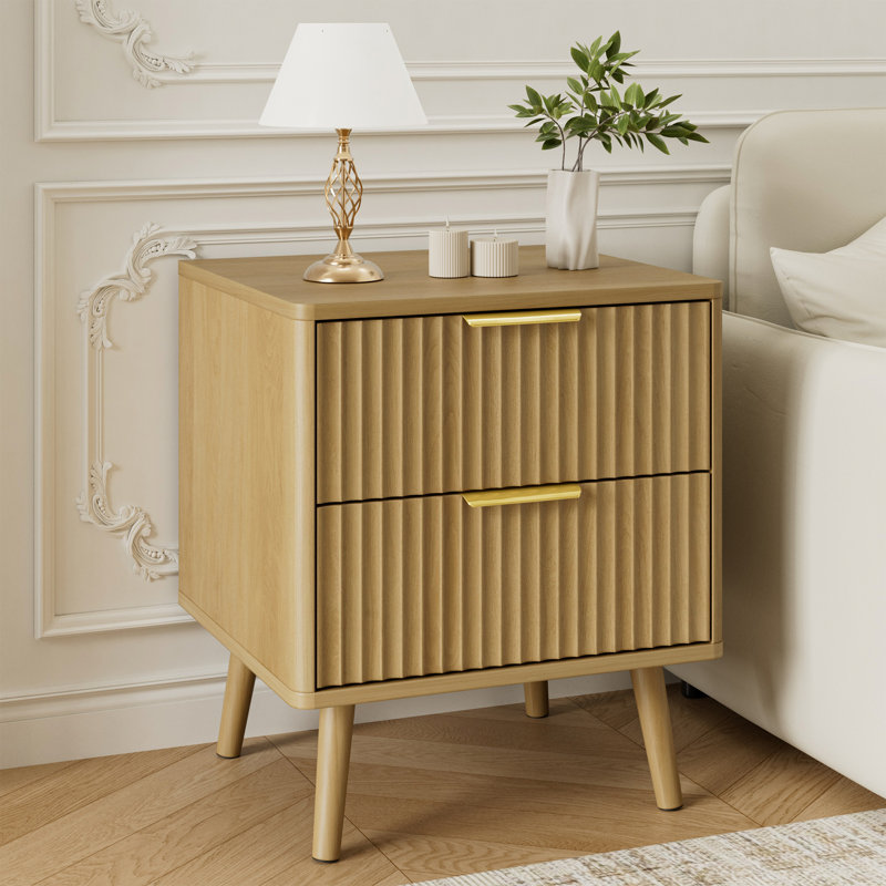Table de chevet cannelée à profil courbé, table de bout à 2 tiroirs, table de chevet pour chambre à coucher, salon, Chêne