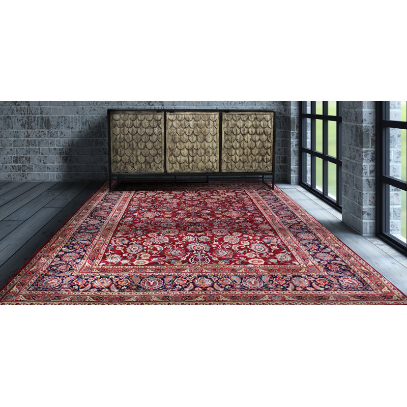 Tapis oriental rouge / noir / beige en laine noué à la main 9 pi x 12 pi Burgwell, Rectangle 9 pi x 12 pi