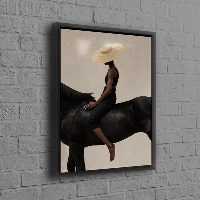Art mural stylisé en toile de coton avec motif de femme à cheval, idéal pour le bureau ou la maison, Cadre flottant noir