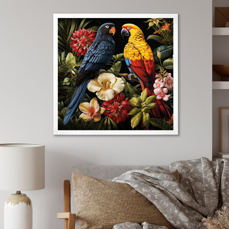 Perroquets tropicaux bleus - art mural perroquet, Blanc, H 16 po x l 16 po