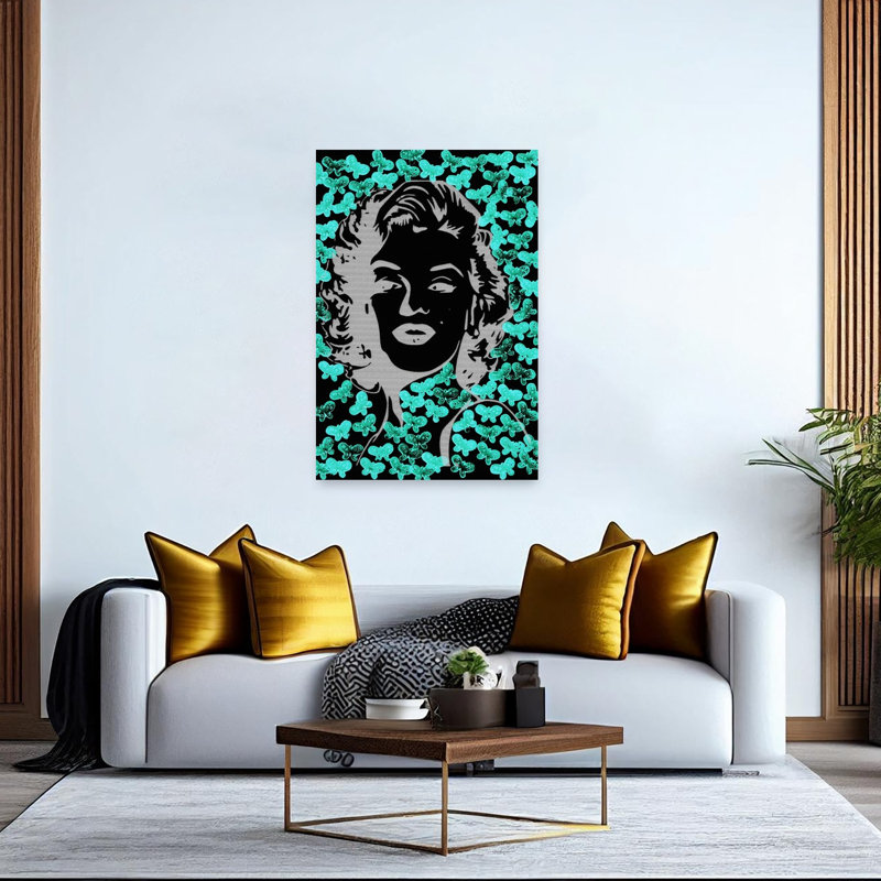 Iconic Woman Teal Butterflies Classic Dreamy Retro Butterfly Portrait Wall Art Print 1 Piece Wrapped Canvas Wall Art