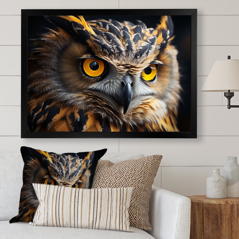 Portrait d'un hibou jaune - impression, H 12 po x l 20 po x P 1 po, Cadre photo noir
