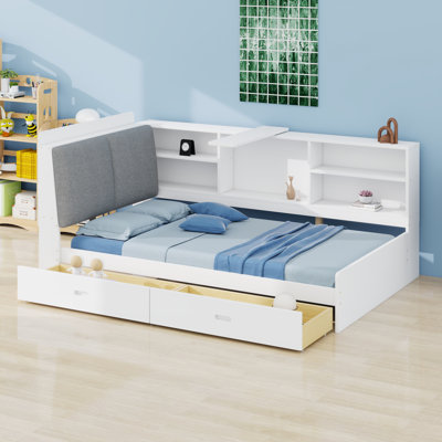 Multifunctional Sofa Bed With Upholstered Storage Headboard, Two Drawers,Shelves And Rotatable Storage Board