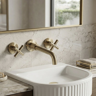 TJAB1905 2 Handle Wall Mount Bathroom Faucet in Brushed Gold