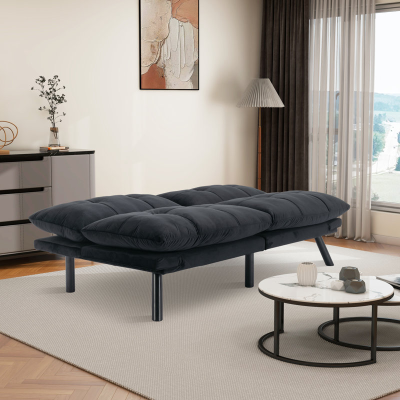 70.9" Upholstered Convertible Reclining Futon Sofa Bed with Adjustable Armrests, Black Velvet