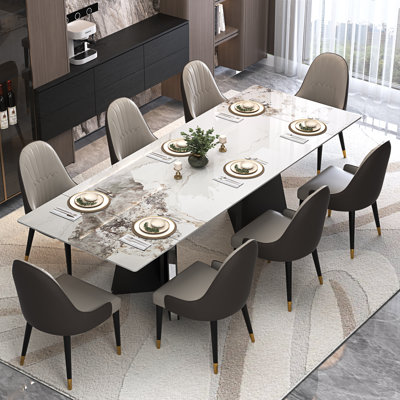 Modern Faux Marble Dining Table Set With 94.5'' Extendable Rectangle Sintered Stone Tabletop With 8 Faux Leather Chairs