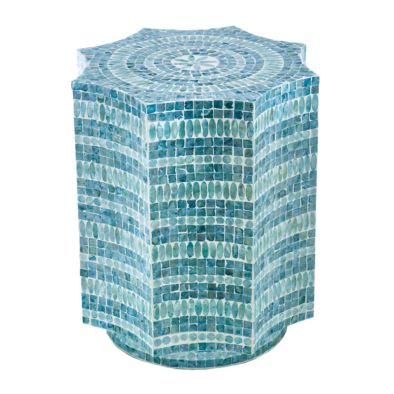 Handcrafted Capiz-Inlay Pedestal Stool with Starburst Motif and Floral Textured Base – Versatile Accent Furniture Piece