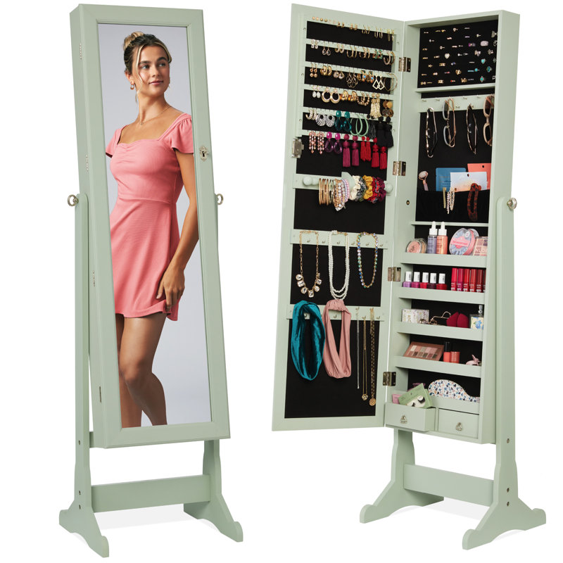 Naiyana Winston Porter Jewelry Armoire Cabinet, Full Length Mirror w/ Velvet Storage Interior, Lock, Sage