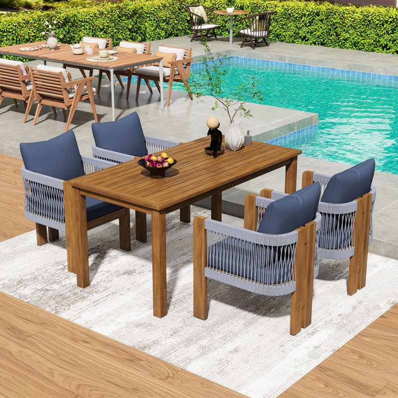 5Pcs Outdoor Acacia Wood Dining Set for 4 with Cushioned Chairs and Patio Slatted Table, Gray