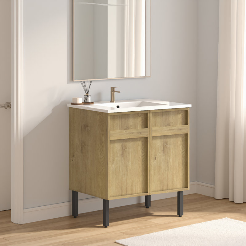 Meuble-lavabo 30 po avec lavabo en céramique, panneau rainuré 3D et rangement à fermeture en douceur
